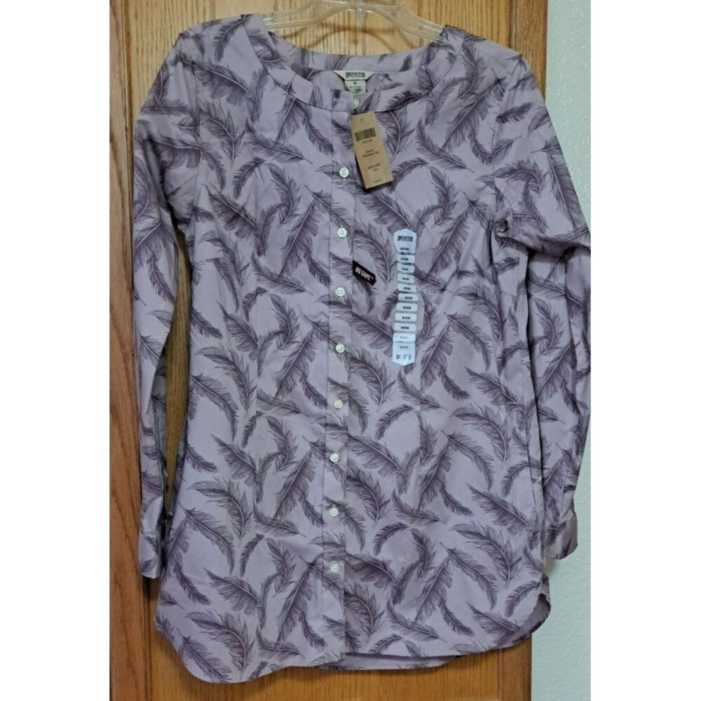 NWT Duluth Trading Wrinklefighter Purple Feather Button Down Tunic Top Medium M